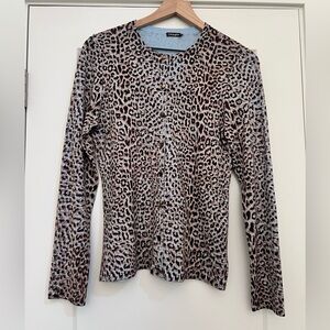 J. McLaughlin Sz Small Blue Brown Animal Print Button Cardigan Sweater EUC